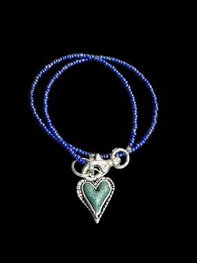 Blue Beaded Heart Necklace.